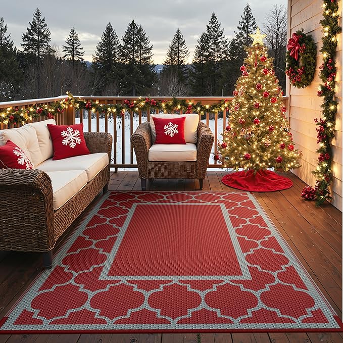 GENIMO 5' x 8' Outdoor Rug Waterproof for Patio Christmas Decor, Foldable Reversible Plastic Straw Area Rugs Mat for Camper, Outside Carpet for Rv, Deck, Porch, Picnic, Beach, Balcony, Red & Grey