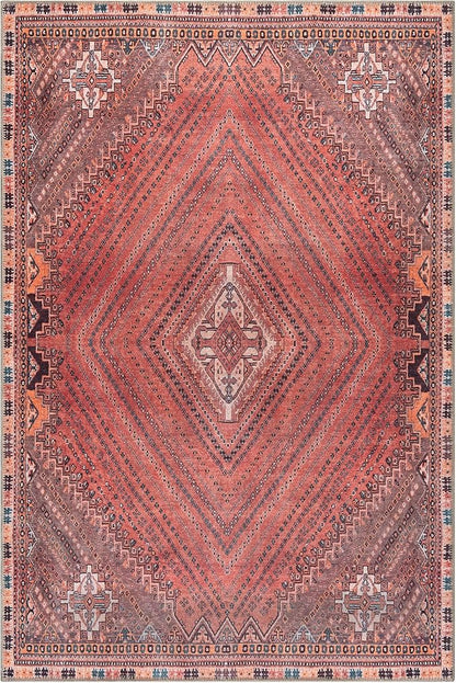 Bloom Rugs Washable Non-Slip 4' x 6' Rug - Red/Multicolor Traditional Bordered Area Rug for Living Room, Bedroom, Dining Room, and Kitchen - Exact Size: 4' x 6'