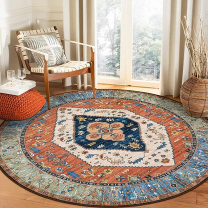 Lahome Boho Washable 4Ft Round Area Rug, Non-Slip Throw Untra-Thin Small Round Carpet, Oriental Vintage Distressed Circle Rug for Bedroom Kitchen Dining Living Room Office, 4x4/Rust