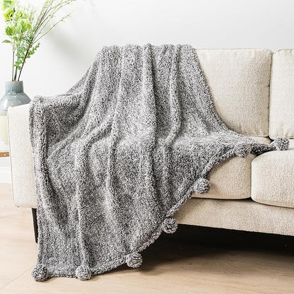 PAVILIA Grey Sherpa Throw Blanket for Couch, Warm Plush Pom Blanket Throw, Gray Fuzzy Sofa Throw, Lightweight Soft Cozy Fluffy Blanket with Pom Poms, Heather Grey, 50x60