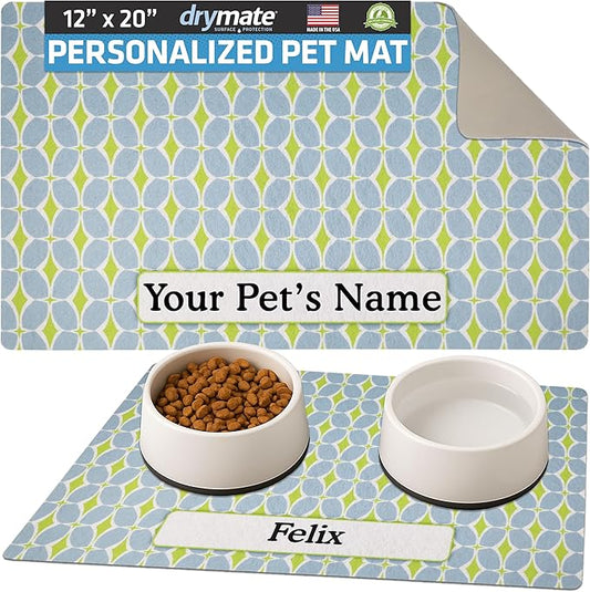 Drymate Personalized Pet Bowl Placemat, Custom Dog & Cat Food Feeding Mat - Absorbent Fabric, Waterproof Backing - Machine Washable/Durable (USA Made) (12" x 20") (Structure Blue & Green)