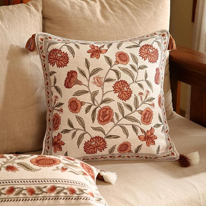 ISAENNE Design Linen Square Vintage Throw Pillow Covers 18"x18", Brick Red Cushion Covers with Orange Floral Green Leaves Pattern Decoration Pillowcases for Bed,Living Room,Outdoor,Car