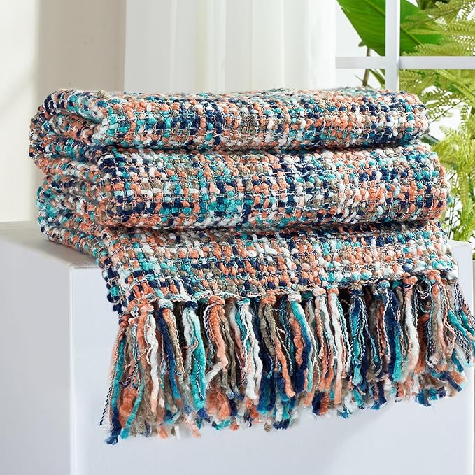 Multi-Color Pink Cable Knitted Throw Blanket for Couch,50"X60" Boho Style Textured Blankets for Home Decor,Super Soft Warm Cozy Chunky Knit Blanket with Decorative Tassels for Bed and Sofa