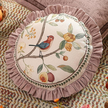 Pink Farmhouse Round Throw Pillow Covers, Birds and Flowers Pattern Cozy Velvet Pillowcases,Decoration Pillows Cushion Covers for Couch Sofa Bed Car Chair,Diameter 16"