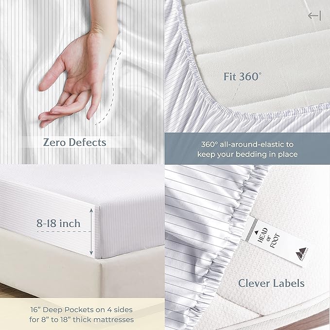 Mayfair Linen 100% Cotton Printed Bed Sheets Twin Size Set - 500 Thread Count Cotton Twin XL Sheets for Dorm Room, 3 PC Set (Pinstripe Light Grey), Soft, Cooling, Sateen Weave 16" Deep Pocket Bedsheet