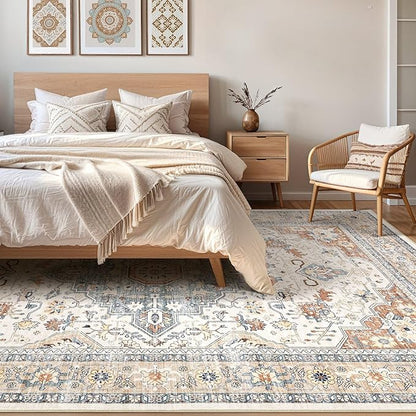 8x12 Area Rugs Living Room: Washable Boho Large Neutral Vintage Soft Rug Stain Resistant Distressed Farmhouse Non-Slip Indoor Floor Carpet for Bedroom Nursery Kids Office Dining Room- Beige Blue