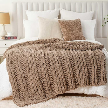 Battilo Beige Chunky Knit Throw Blanket for Couch, Super Soft Thick Warm Cable Knitted Blanket, Khaki Chenille Throw Taupe Blankets for Bed,Sofa, Living Room, 50"x60"