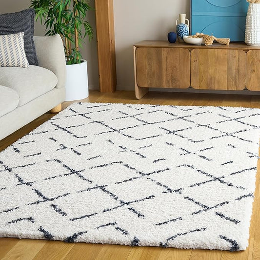 SAFAVIEH Arizona Shag Collection Area Rug - 5'1" x 7'6", Ivory & Slate, Moroccan Boho Design, Non-Shedding & Easy to Clean, Ideal for Living Room, Bedroom, Dining Space (ASG743M)