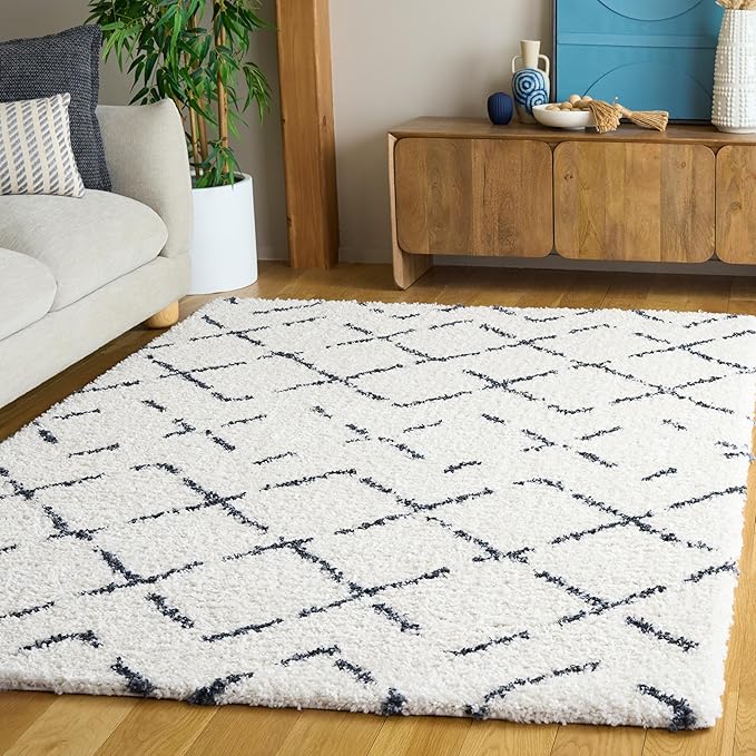 SAFAVIEH Arizona Shag Collection Area Rug - 6'7" x 9'2", Ivory & Slate, Moroccan Boho Design, Non-Shedding & Easy to Clean, Ideal for Living Room, Bedroom, Dining Space (ASG743M)