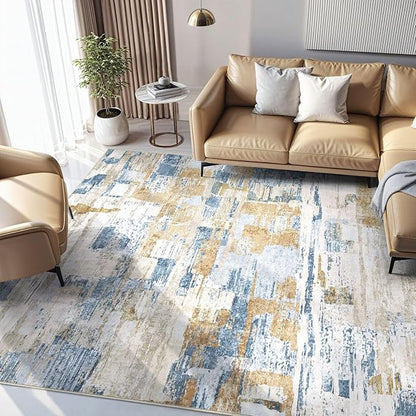 Abstract Living Room Rug 5x8 - Modern Washable Soft Thin Area Rug for Living Room Bedroom Under Dining Table - Neutral Indoor Floor Rug Carpets for Home Office Playroom Nursery - Blue Gold