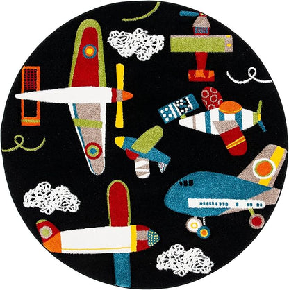 SAFAVIEH Carousel Kids Collection Area Rug - 5'3" Round, Black & Ivory, Non-Shedding & Easy Care, Ideal for High Traffic Areas for Boys & Girls in Playroom, Nursery, Bedroom (CRK167Z)
