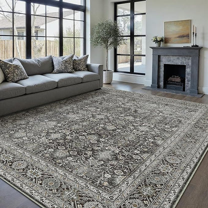 Vintage Area Rug 9x12 Black Washable Living Room Large Carpet Non Slip Bedroom Indoor Office Low Pile Traditional Distressed Retro Accent Rug for Dining Room