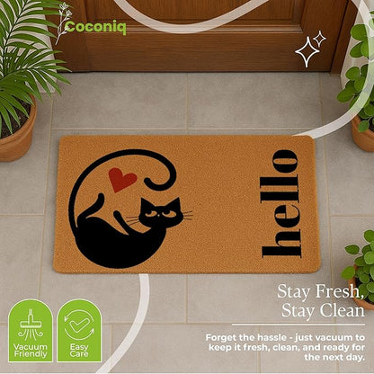 Coir Door Mats 17" X 30", Non-Slip Sturdy, PVC Backed Heavy Duty, Easy to Clean, Ideal for Door Entrance, Patio, Porch, Backyard, Garages, Love of Cats, A Hello