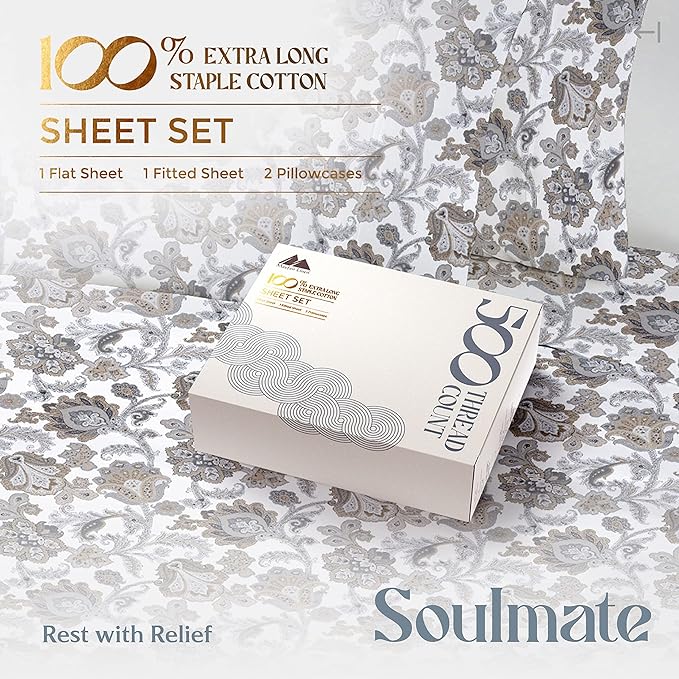 Mayfair Linen 100% Cotton Printed Bed Sheets Twin Size Set - 500 Thread Count Cotton Twin XL Sheets for Dorm Room, 3 PC Set (Floral Ivory), Soft, Cooling, Sateen Weave 16" Deep Pocket Bedsheet