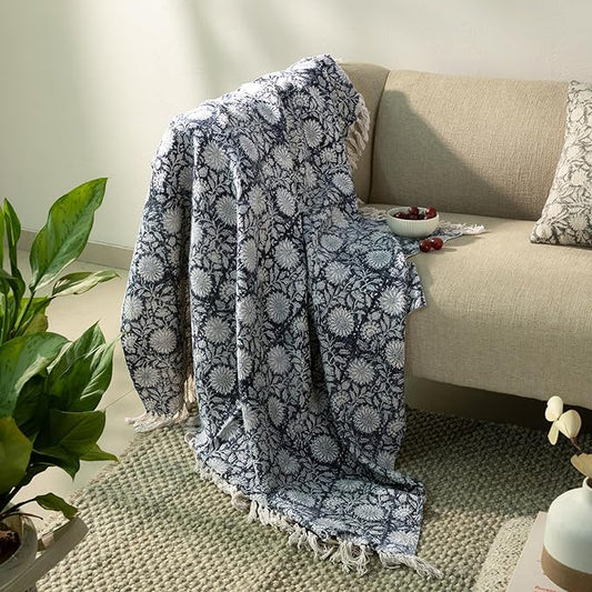 100% Pure Cotton Handblock Printed Throw Blanket, Soft 50" x 60" Fringed Floral Print Throw for Couch, Sofa, Chair, Bed - Cozy, Machine Washable, Comfortable Home Decor