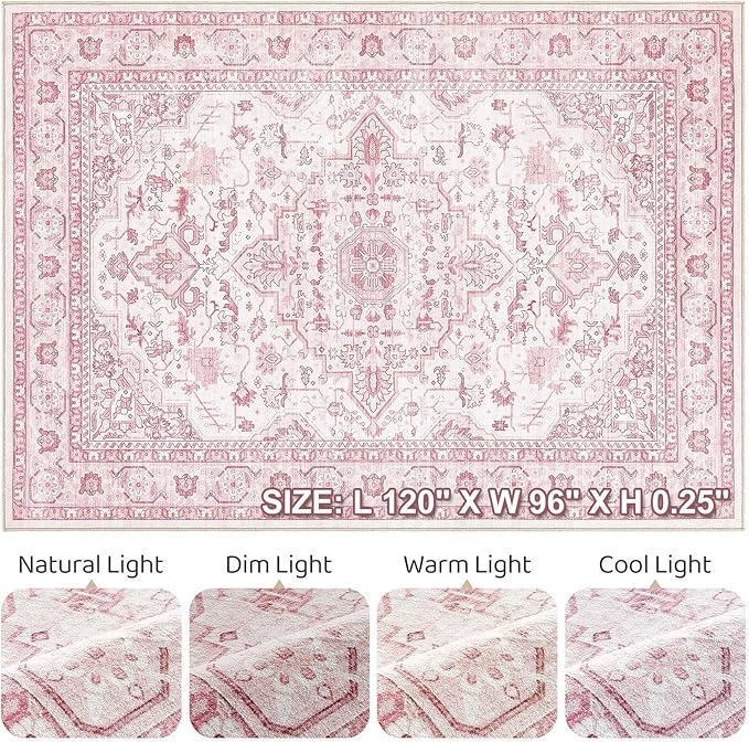 Pink Rugs for Bedroom Girls: 8x10 Washable Boho Large Neutral Cute Soft Area Rug Stain Resistant Floral Farmhouse Non Slip Indoor Floor Carpet for Living Room Nursery Kids Playroom Preppy Room Dorm