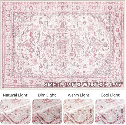 Pink Rugs for Bedroom Girls: 8x10 Washable Boho Large Neutral Cute Soft Area Rug Stain Resistant Floral Farmhouse Non Slip Indoor Floor Carpet for Living Room Nursery Kids Playroom Preppy Room Dorm