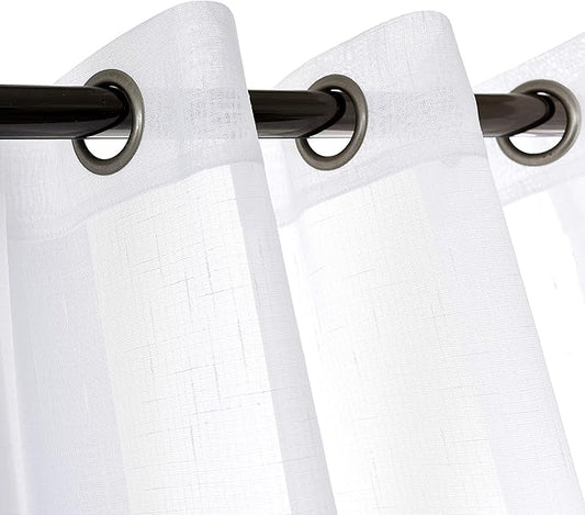 Sheer Curtains Faux Linen Semi Voile Light Filtering Drapes Pair for Bedroom Living Room, Set of 2 Grommet Top Window Curtain Panels (Each 54 x 95 Inch, White)