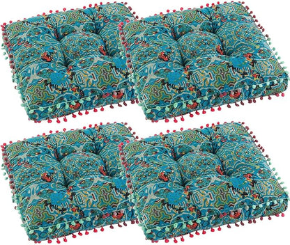 Bohemian Seat Cushion，Indoor & Outdoor 16.5" x 16.5" Seating Cushion for Dinning Chairs, Decorative with Tassels(4Pcs, Green)
