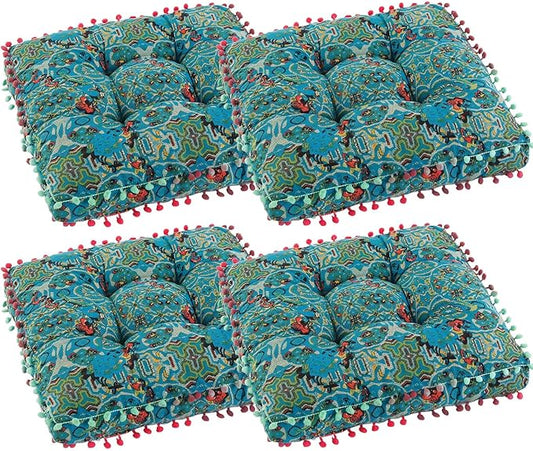 Bohemian Seat Cushion，Indoor & Outdoor 16.5" x 16.5" Seating Cushion for Dinning Chairs, Decorative with Tassels(4Pcs, Green)