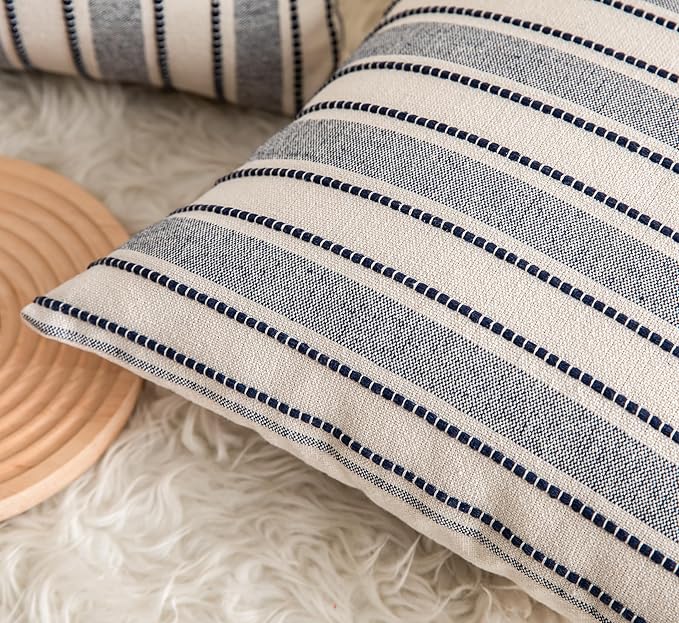 Decorative Boho Throw Pillow Covers, Farmhouse Textured Pillow Case, 22 x 22 Inch Set of 2, Chair Sofa Bedroom Living Room Decor Couch Cushion Case, Navy Blue and Beige Striped