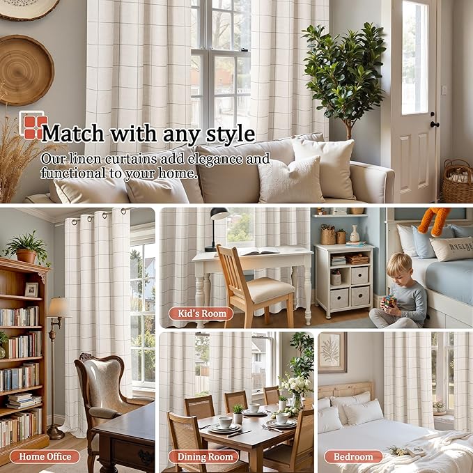 Grey Plaid Patterned Curtains Thermal Insulated - 96 Inches Extra Long Total Linen Blackout Curtains for Living Room, Boho Drapery for Farmhouse Bedroom 52x96 Inch 2 Panels