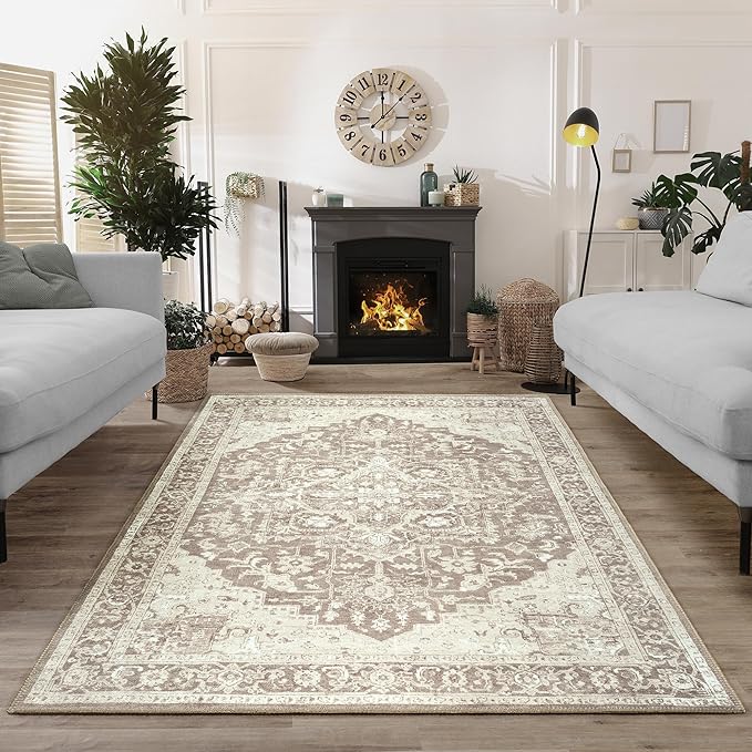 Bloom Rugs Washable Non-Slip 3' x 5' Rug - Light Brown Traditional Medallion Area Rug for Living Room, Bedroom, Dining Room, and Kitchen - Exact Size: 3' x 5'