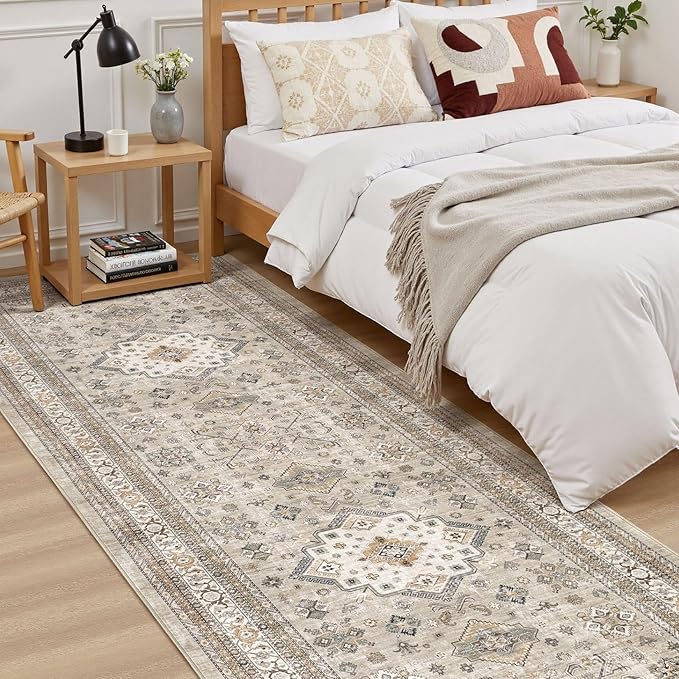 Vintage Hallway Runner Rug 3x14: Large Soft Washable Entryway for Kitchen Laundry Room Non-Slip Backing Runner for Entrance Living Room Bedroom Bathroom - Beige