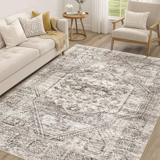 Vintage Living Room Area Rug 6x9 - Large Soft Washable Oriental Traditional Distressed Farmhouse Rugs for Bedroom - Indoor Floor Accent Carpet for Home Office House Decor - Distressed Brown