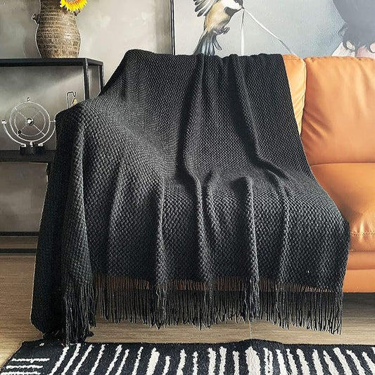 LOMAO Knitted Throw Blanket with Tassels Bubble Textured Lightweight Throws for Couch Cover Home Decor (Black, 60x80)
