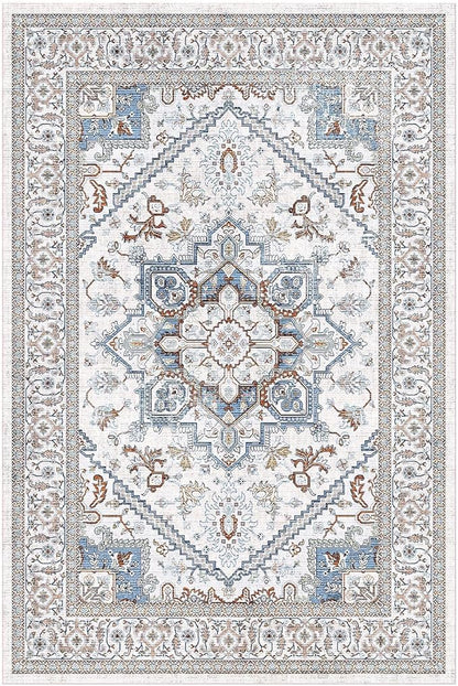 OPPODREAM Thin Neutral Area Rugs 4x6, Low-Pile Washable Rugs 4x6 with Non Slip Backing, Faux Cashmere 4 x 6 Throw Carpet, Cream White & Blue & Light Brown