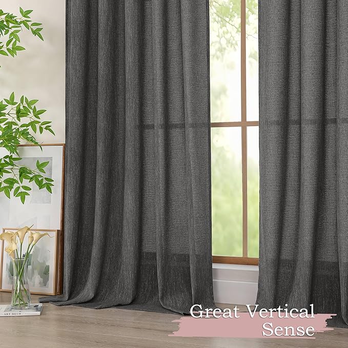 Simplebrand Grey Faux Linen Textured Curtains 63 Inch Length 2 Panels for Bedroom, Semi Sheer Light Filtering Privacy Farmhouse Curtains, Soft Thick Rod Pocket Window Drapes, 40W x 63L Inch