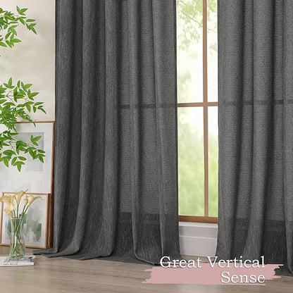 Simplebrand Grey Semi Sheer Faux Linen Textured Curtains 54 Inch Length 2 Panels Set, Rod Pocket Farmhouse Short Curtain Drapes for Dinning Small Windows Bathroom Bedroom, Each 40Wx54L in, Grey