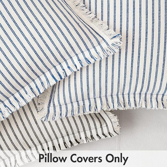 MIULEE Black Pack of 2 Pillow Covers 18x18 Inch Striped Farmhouse Couch Throw Pillow Covers with Fringe Chic Linen Decorative Cushion Covers for Sofa Living Room Bed Outdoor Home Decor
