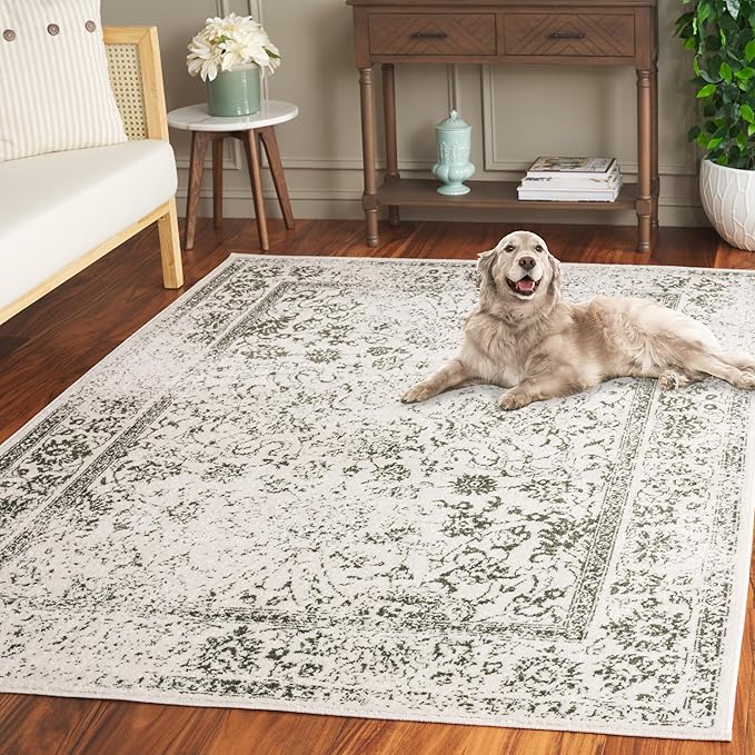 SAFAVIEH Area Rug 4x6 - Adirondack Collection - Ivory & Dark Green, Distressed Vintage Floral Design, Non-Shedding & Easy to Clean, Ideal for Living Room, Bedroom, Dining (ADR109X)