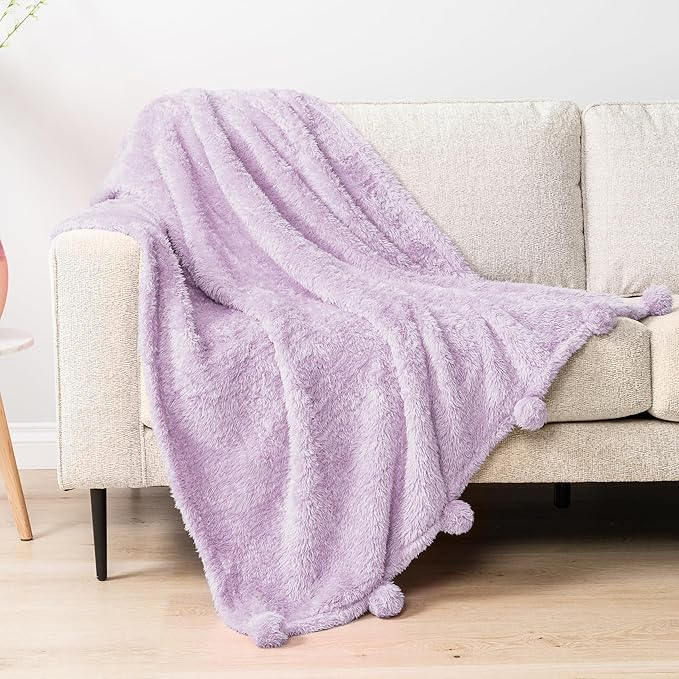 PAVILIA Lavender Sherpa Throw Blanket for Couch, Warm Plush Pom Pom Blanket Throw, Light Purple Fuzzy Sofa Throw, Lightweight Soft Cozy Fluffy Blanket with Pom Poms, Lavender, 50x60