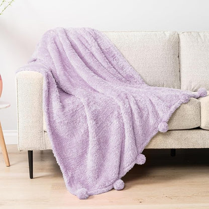 PAVILIA Lavender Sherpa Throw Blanket for Couch, Warm Plush Pom Pom Blanket Throw Twin, Fuzzy Sofa Blanket Throw for Bed, Lightweight Soft Cozy Fluffy Blanket with Pom Poms, Light Purple, 60x80