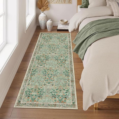 MUJOO Washable Runner Rug Green,Floral 2x6 Runners for Hallway Kitchen Bedroom Bedside Bathroom Laundry Room,Long Non Slip Throw Carpet Boho Indoor Botanical Vintage Ultra-Thin