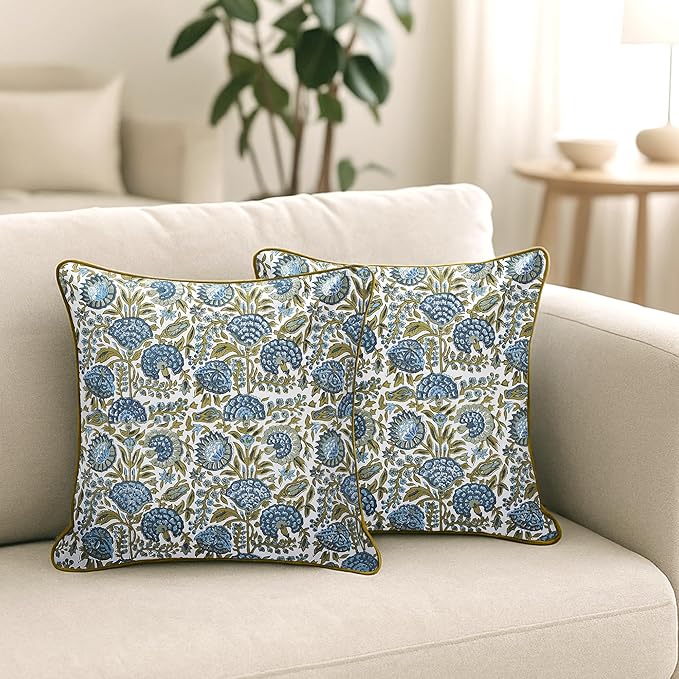 SheetKart Pure Cotton Throw Pillow Covers - Set of 2 - Hand Block Pure Cotton Printed Boho Decorative Pillow Covers - Cushion Covers for Living Room, Bohemian Theme, 20 x 20 Inches, Midnight Olive