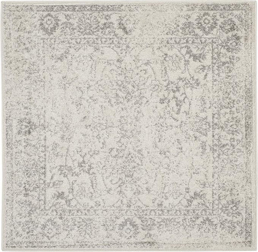 SAFAVIEH Adirondack Collection Area Rug - 6'7" Square, Ivory & Silver, Distressed Vintage Floral Design, Non-Shedding & Easy to Clean, Ideal for Living Room, Bedroom, Dining Space (ADR109C)