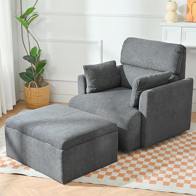 Modern Oversized Accent Chair with Storage Ottoman & 2 Side Pillows, Snowflake Fleece Upholstered Chaise Lounge Chair, Deep Seat Reading Chair for Living Room, 350lbs Capacity