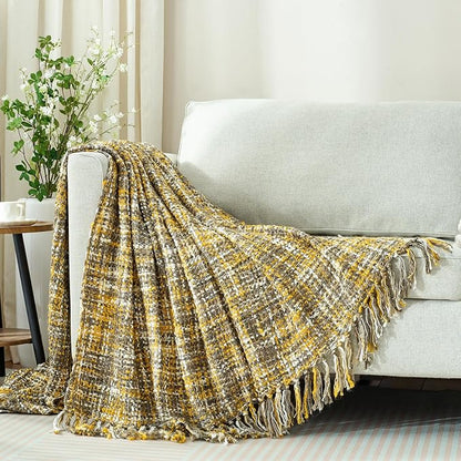 Multi-Color Gold Cable Knitted Throw Blanket for Couch,50"X60" Boho Style Textured Blankets for Home Decor,Super Soft Warm Cozy Chunky Knit Blanket with Decorative Tassels for Bed and Sofa