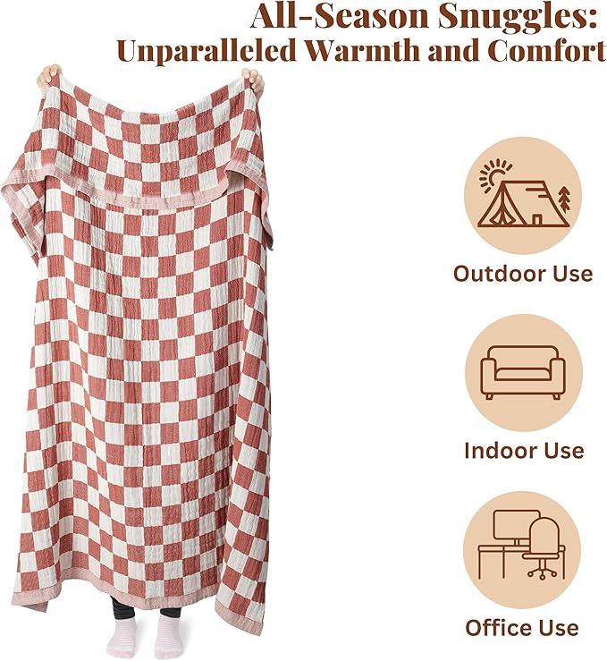 Folkulture 100% Cotton Throw Blanket, Rust Checks, 50x60in, Soft, Lightweight, Travel, Napping, All Seasons, Machine Wash