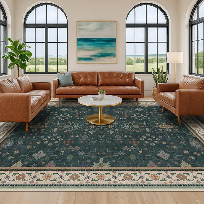 Dark Green Vintage Living Room Rug 9x12 - Boho Unique Floral Victorian Decor, Washable Low Pile Non-Slip Extra Large Area Rugs for Dining Under Table Bedroom