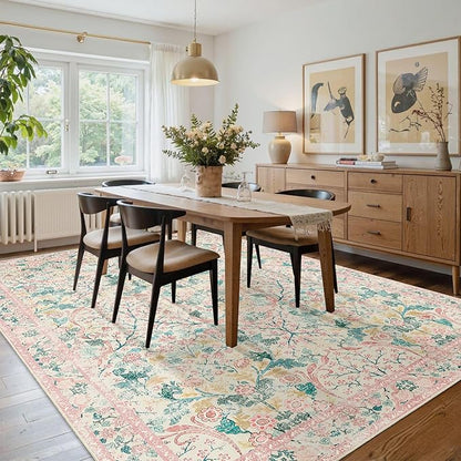 MUJOO Pink Washable Rugs 8x10,Floral Area Rug for Living Room Dining Room Bedroom,Large Throw Carpet,Boho Non Slip Indoor Floor Big Soft Botanical Vintage Ultra-Thin