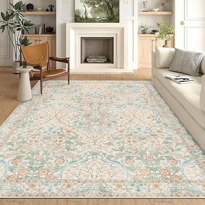 MUJOO 8x10 Area Rugs,Floral Washable Rugs for Living Room Dining Room Bedroom,Large Throw Carpet,Boho Non Slip Indoor Floor Big Soft Neutral Vintage Ultra-Thin Light Green and Beige