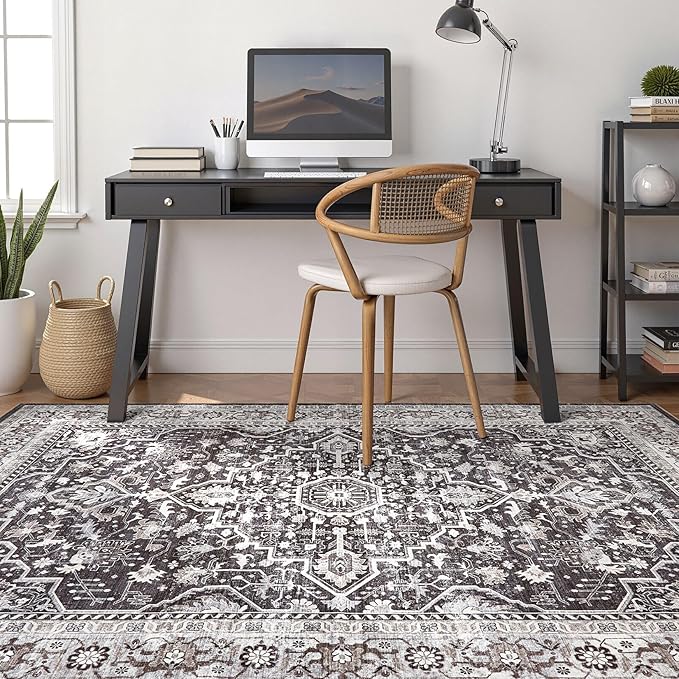 Black Rug Living Room Rugs: 12x15 Washable Boho Large Vintage Moody Soft Distressed Oriental Stain Resistant Non-Slip Indoor Floor Carpet for Bedroom Playroom Office Dining Room Retro Home House