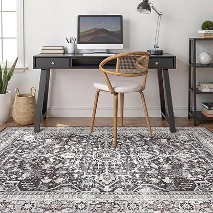 Black Rug Living Room Rugs: 8x10 Washable Boho Large Vintage Moody Soft Distressed Oriental Stain Resistant Non-Slip Indoor Floor Carpet for Bedroom Playroom Office Dining Room Retro Home House