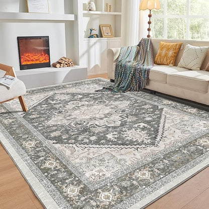 OPPODREAM Thin Area Rugs 5x7, 5x7 Washable Rug with Non Slip Backing, 5 x 7 Faux Cashmere Low-Pile Carpet, Greenish Grey