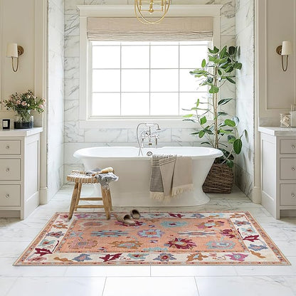 Fame Living Orange Oushak Rug, Modern, Vintage, Turkish, Eclectic, Floral, Pastel, Washable, Extra Large Area Rugs for Living Room, Dining, Bedroom, Lounge, 9'x12'
